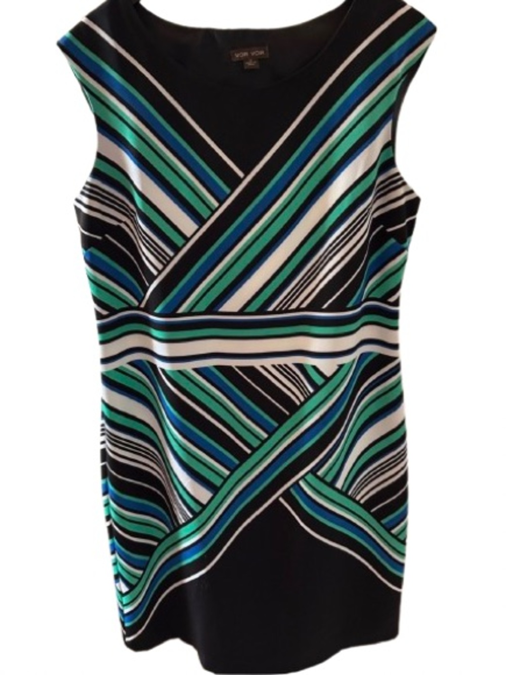 Voir Voir Black Striped Sheath Dress with Teal & Blue Accents Size 10